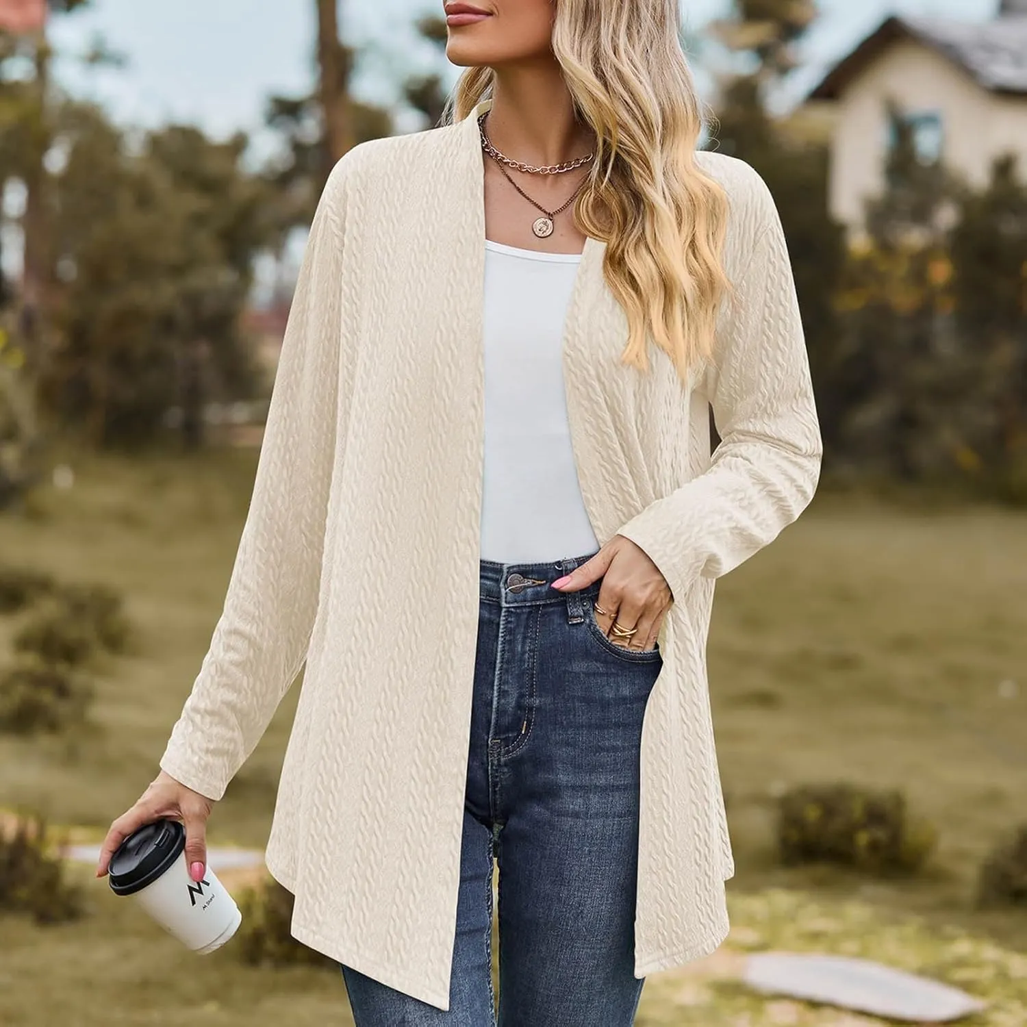 2023 Women's Open Front Cardigan Long Sleeve Draped Ruffles Soft Knit Sweaters Fall Lightweight Coat Trendy Jacket for Women