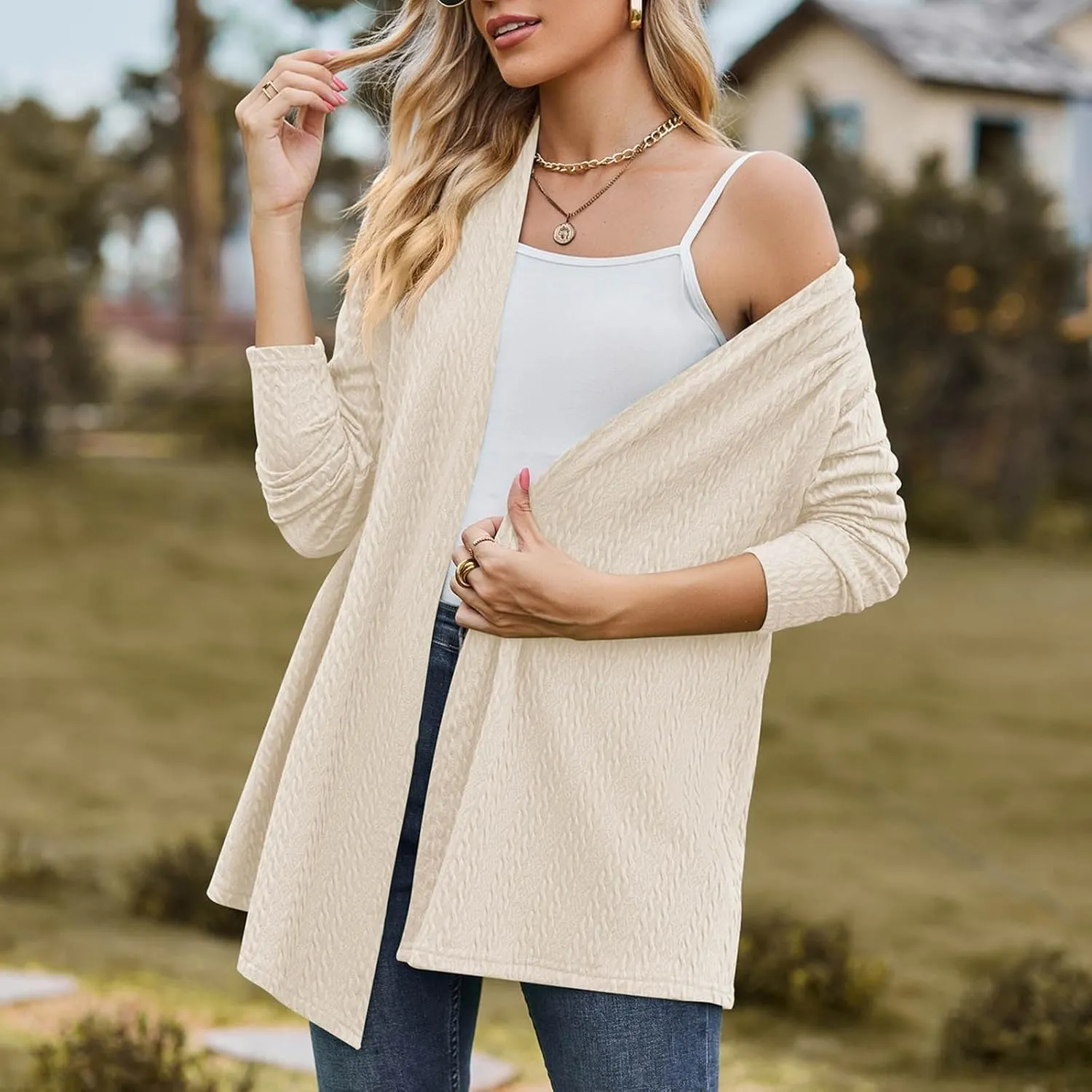 2023 Women's Open Front Cardigan Long Sleeve Draped Ruffles Soft Knit Sweaters Fall Lightweight Coat Trendy Jacket for Women