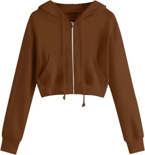 2025 Womens Cropped Zip Up Hoodie Long Sleeve Workout Hooded Sweatshirt Casual Drawstring Jackets Trendy Spring Coat