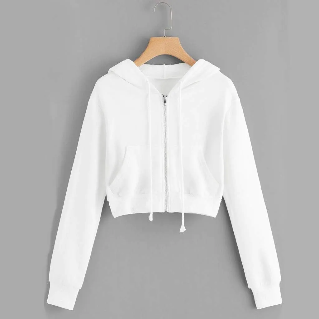 2025 Womens Cropped Zip Up Hoodie Long Sleeve Workout Hooded Sweatshirt Casual Drawstring Jackets Trendy Spring Coat