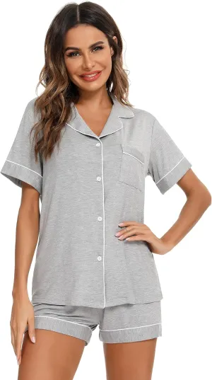 Aamikast Button Up Pajama Set for Women Shorts Short Sleeve Knit Sleepwear 2 Pice Pjs Sets (Medium, Light Gray)