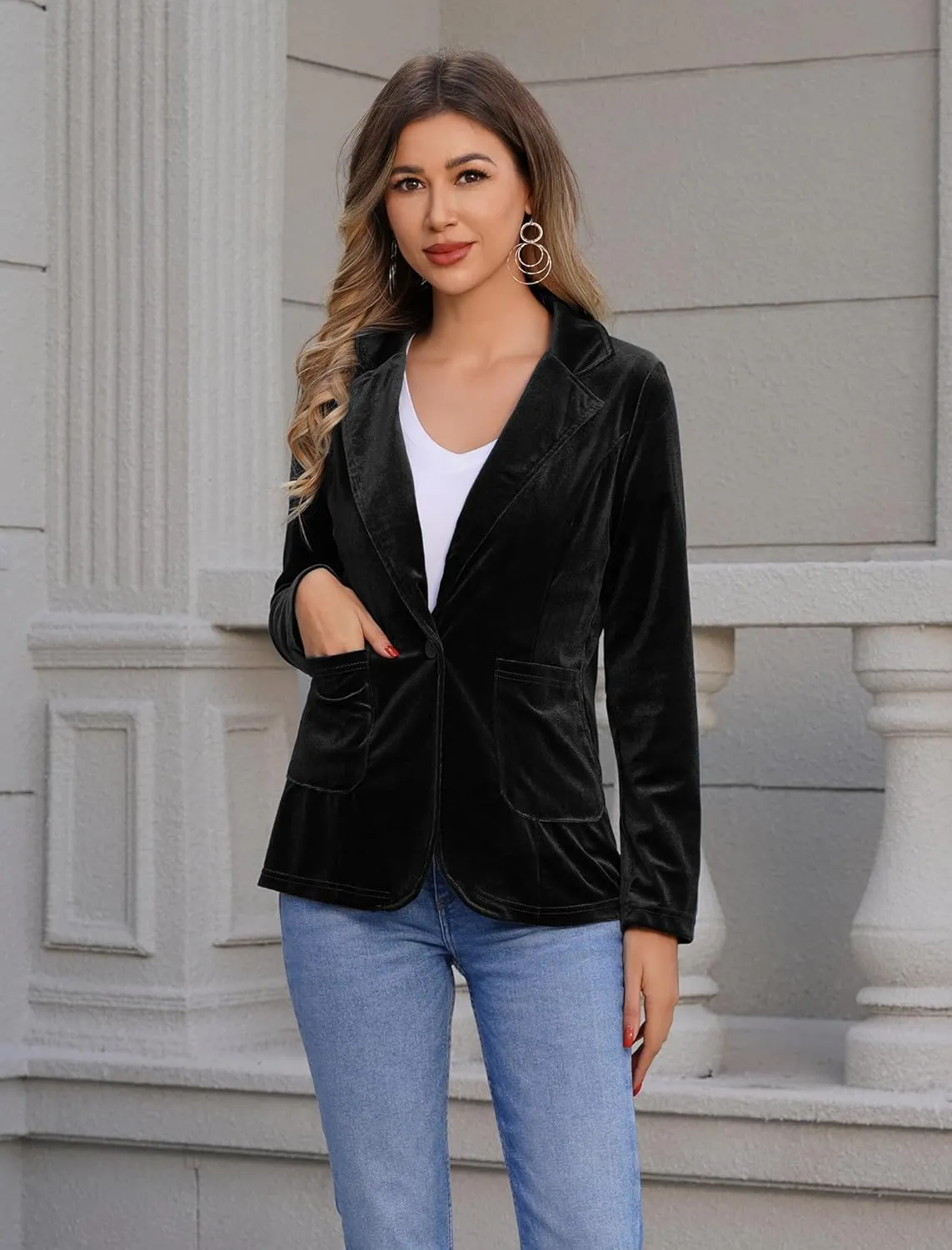 ABAFIP Women Velvet Blazers Casual Suit Cardigan Jacket Shawl Collar Short Blazer Outwear with Pockets