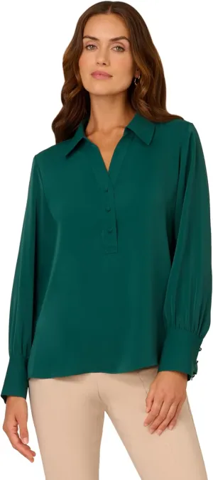 Adrianna Papell Women's Long Sleeve Open V-Neck Collar Silky Woven Blouse
