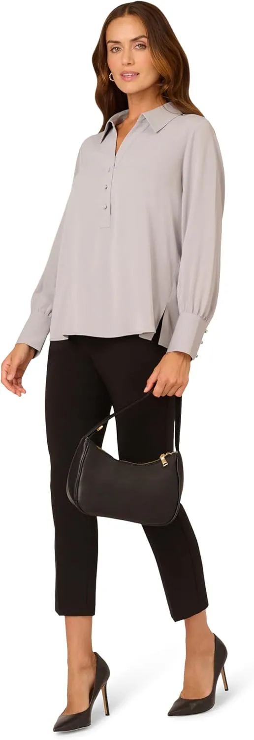 Adrianna Papell Women's Long Sleeve Open V-Neck Collar Silky Woven Blouse