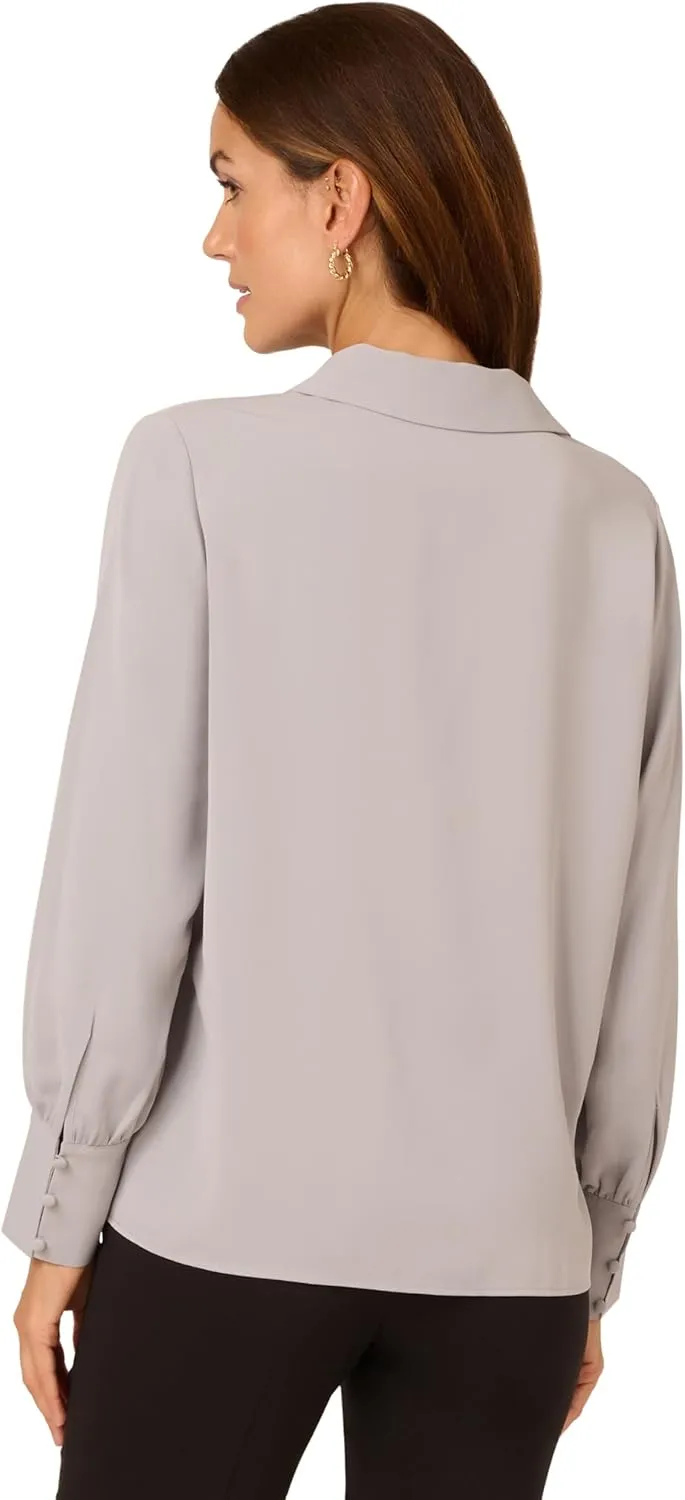 Adrianna Papell Women's Long Sleeve Open V-Neck Collar Silky Woven Blouse