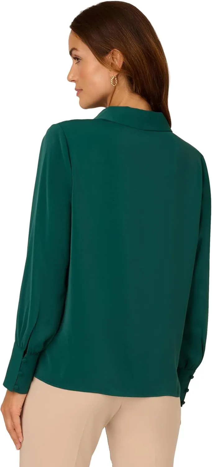 Adrianna Papell Women's Long Sleeve Open V-Neck Collar Silky Woven Blouse