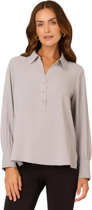 Adrianna Papell Women's Long Sleeve Open V-Neck Collar Silky Woven Blouse