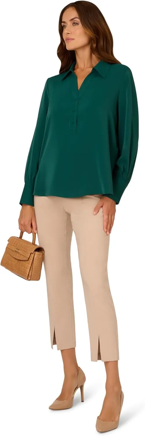 Adrianna Papell Women's Long Sleeve Open V-Neck Collar Silky Woven Blouse