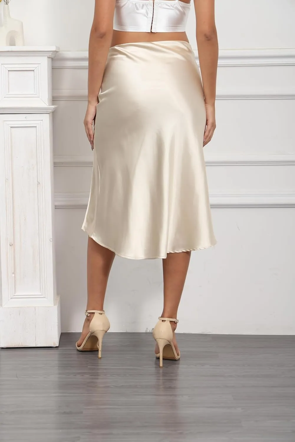 ALCEA ROSEA Womens Silky Satin Midi Skirt High Waist Elastic Waist A Line Skirt with Slit
