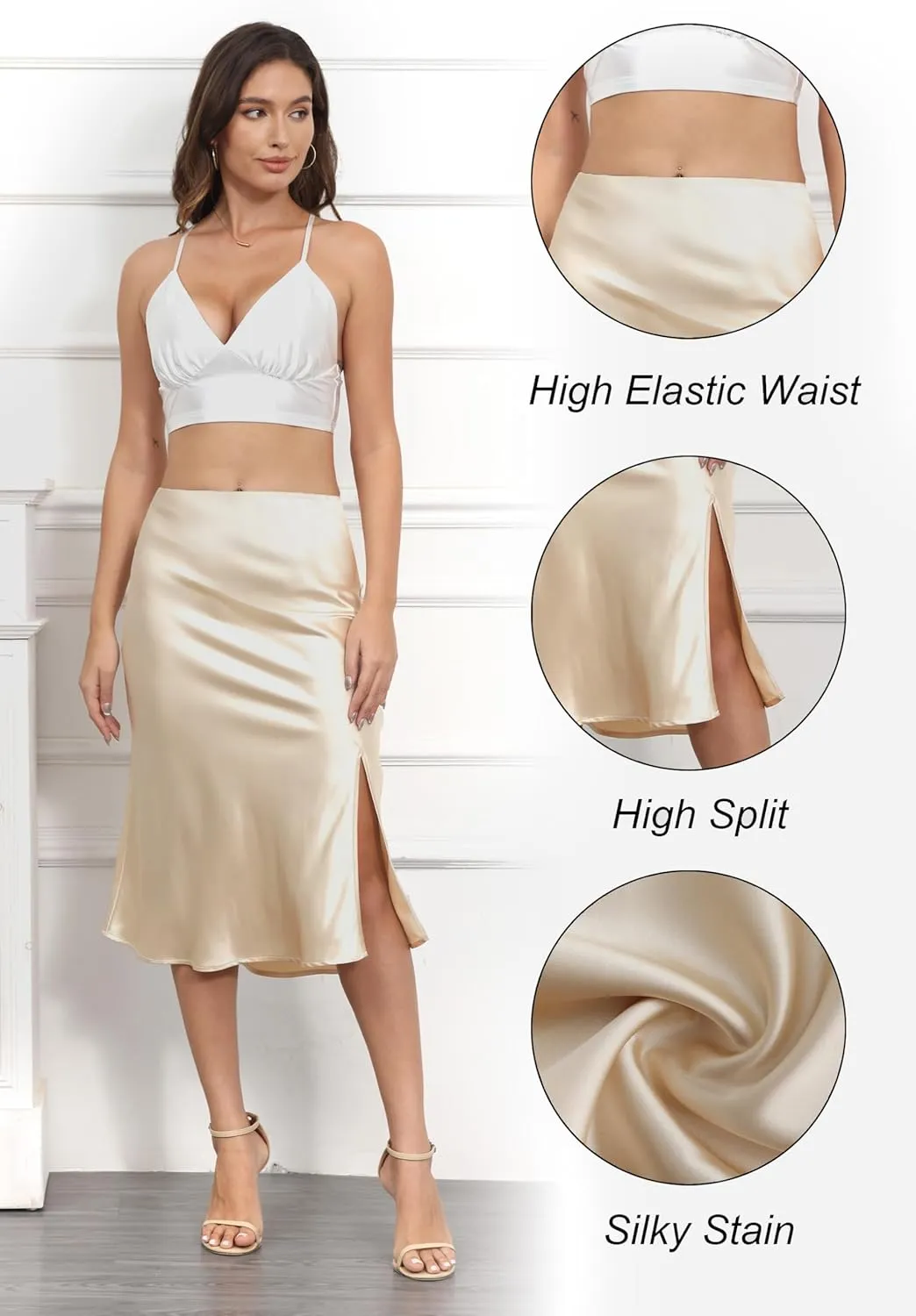 ALCEA ROSEA Womens Silky Satin Midi Skirt High Waist Elastic Waist A Line Skirt with Slit
