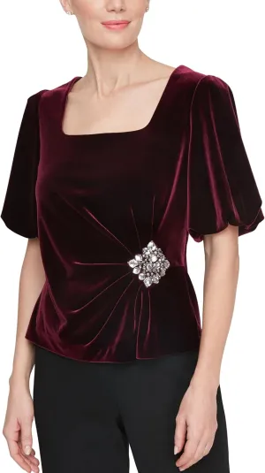 Alex Evenings Women's Velvet Square Neck Blouse with Puff Sleeve and Embellished Detail