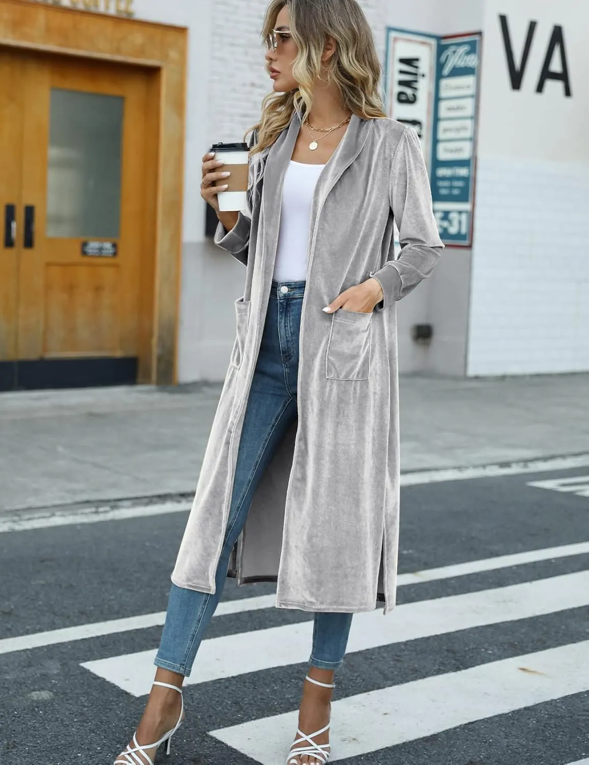Arssm Women's Long Velvet Cardigan Jacket Lapel Collar Open Front Cardigan Sweater