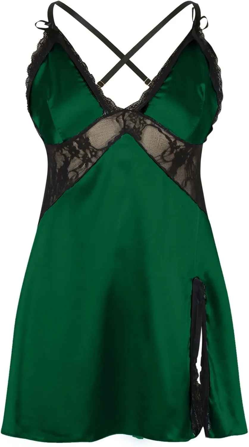 Bodysuit for Women Lace Chemise Babydoll Lace Trim 2 Piece Set Sleepwear Teddy Sexy Sheer Nighty