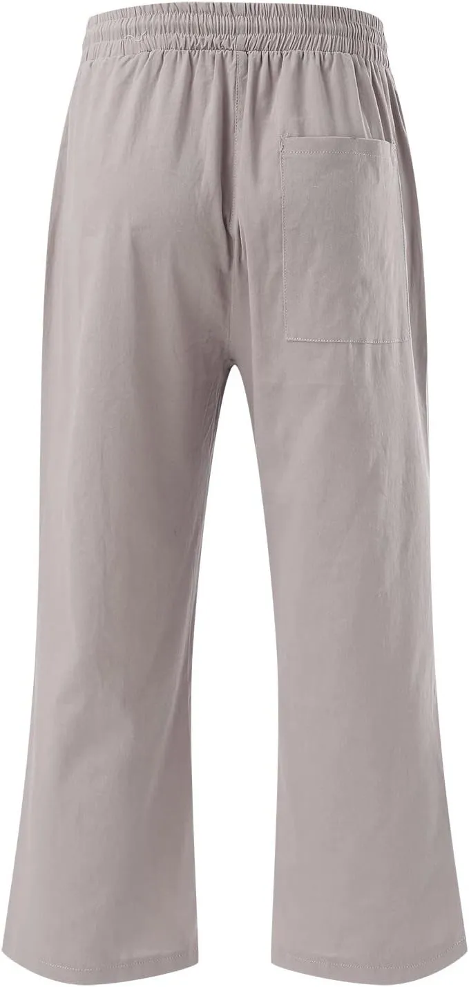 Capris Pants for Women Casual Summer Linen Lounge Palazzo Drawstring High Waisted Wide Leg Cropped Trousers