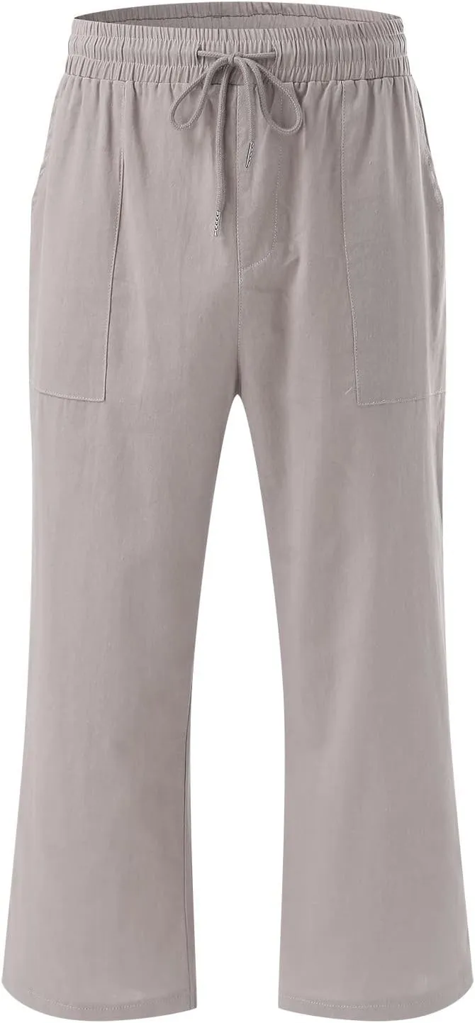 Capris Pants for Women Casual Summer Linen Lounge Palazzo Drawstring High Waisted Wide Leg Cropped Trousers