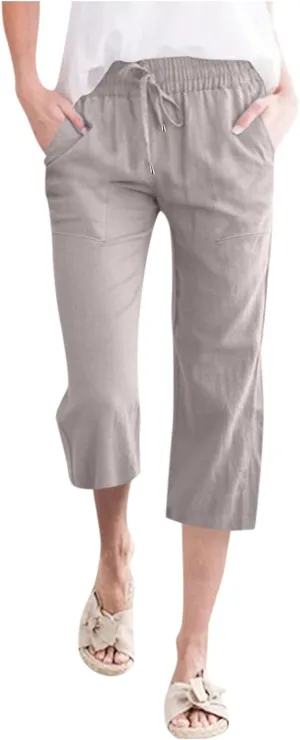 Capris Pants for Women Casual Summer Linen Lounge Palazzo Drawstring High Waisted Wide Leg Cropped Trousers