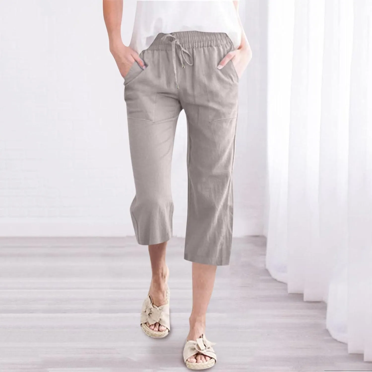 Capris Pants for Women Casual Summer Linen Lounge Palazzo Drawstring High Waisted Wide Leg Cropped Trousers