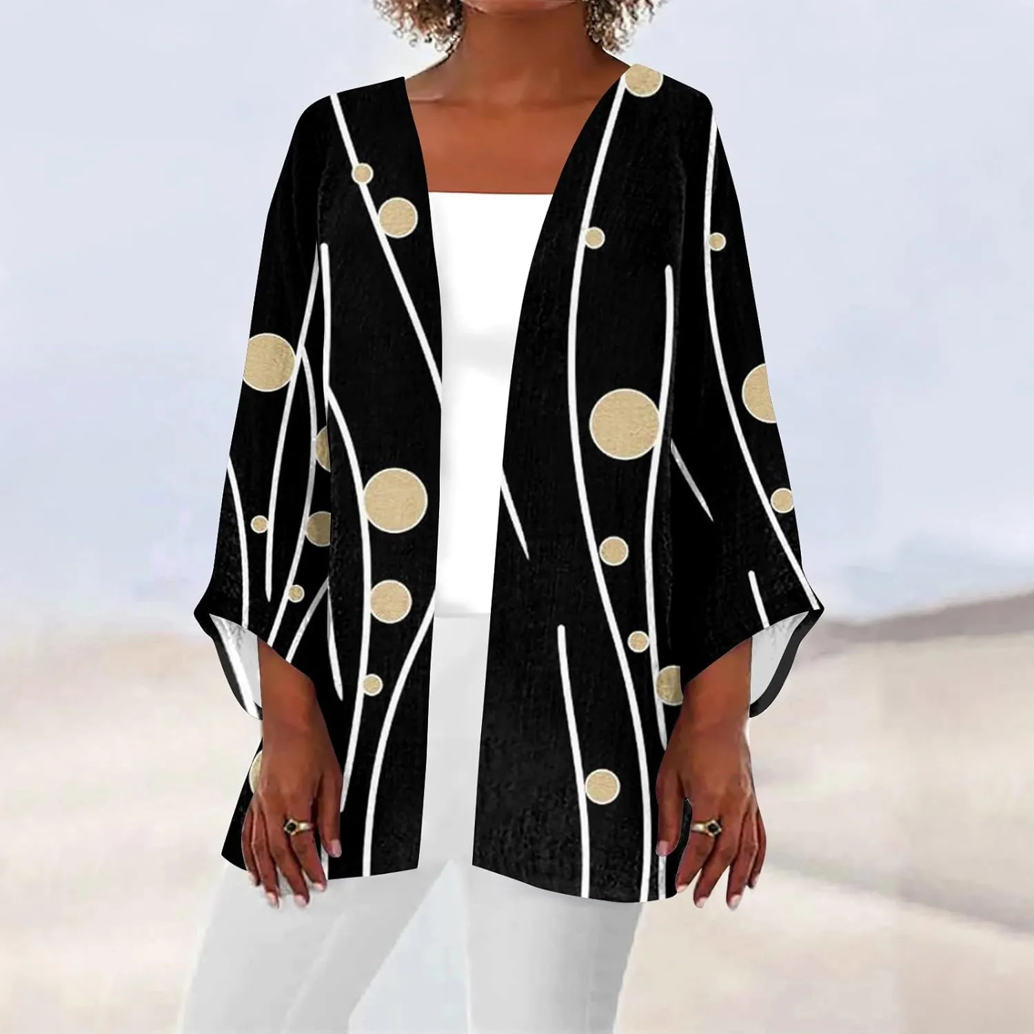 Cardigans for Women 2025 Retro Print 3/4 Sleeve Cardigans Lightweight Blouse Tops Coat Casual Duster Jackets