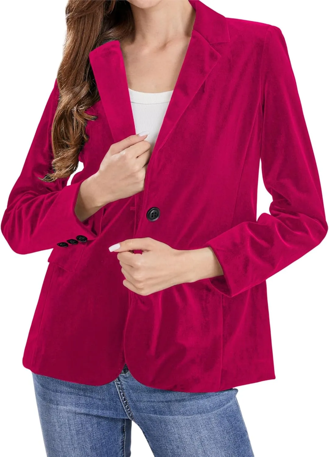 CHARTOU Women 1 Button Fitted Velvet Blazer Jacket Business Suit Jacket Work Office Notched Collar
