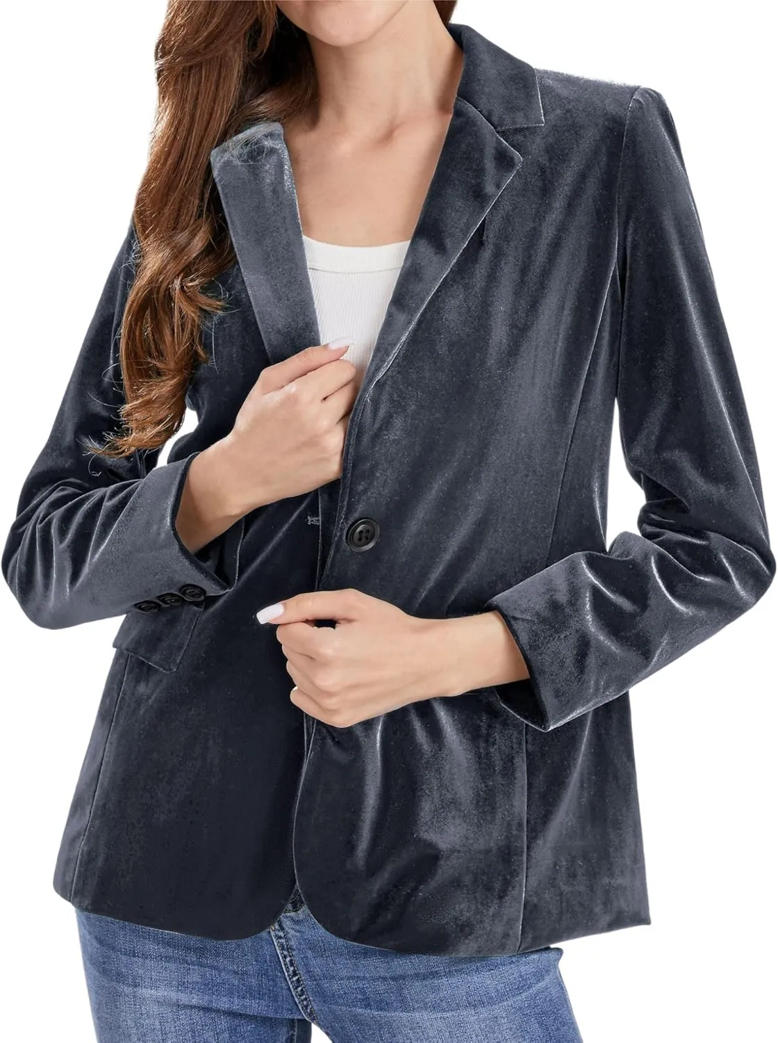 CHARTOU Women 1 Button Fitted Velvet Blazer Jacket Business Suit Jacket Work Office Notched Collar