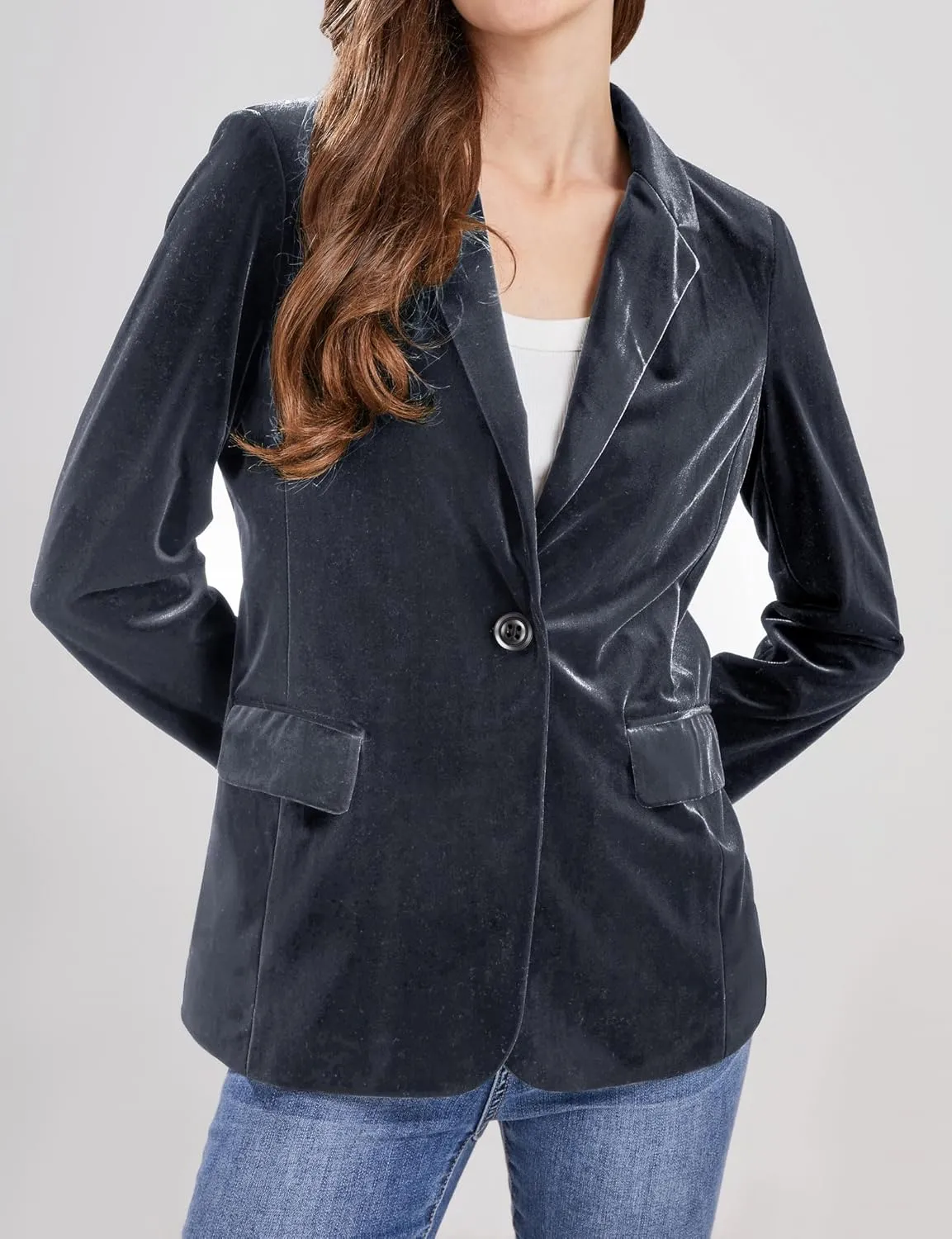 CHARTOU Women 1 Button Fitted Velvet Blazer Jacket Business Suit Jacket Work Office Notched Collar