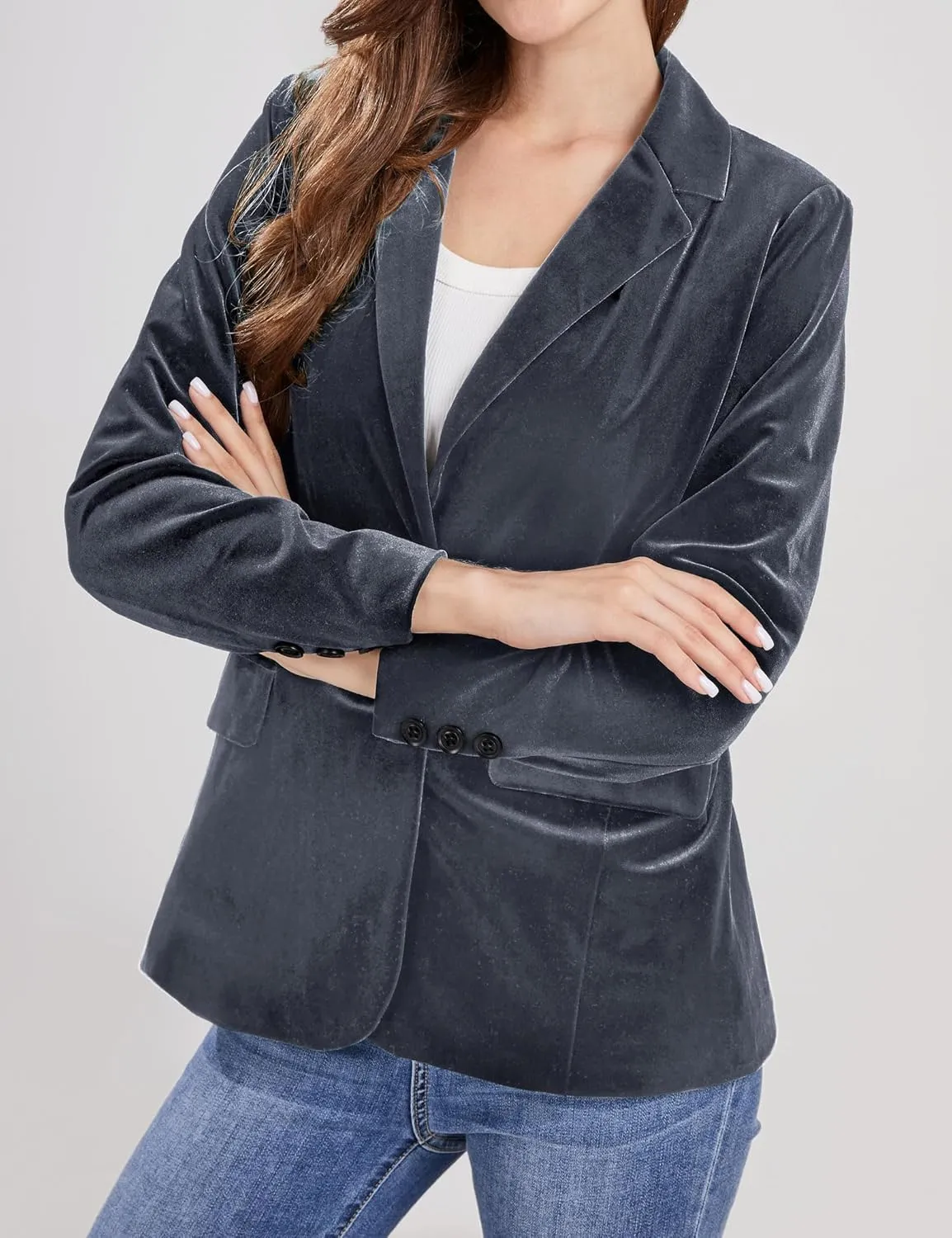 CHARTOU Women 1 Button Fitted Velvet Blazer Jacket Business Suit Jacket Work Office Notched Collar