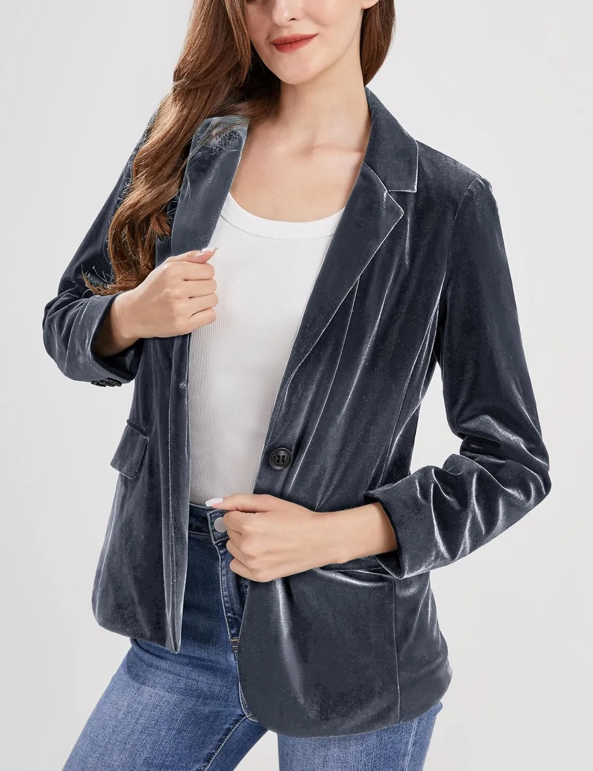 CHARTOU Women 1 Button Fitted Velvet Blazer Jacket Business Suit Jacket Work Office Notched Collar