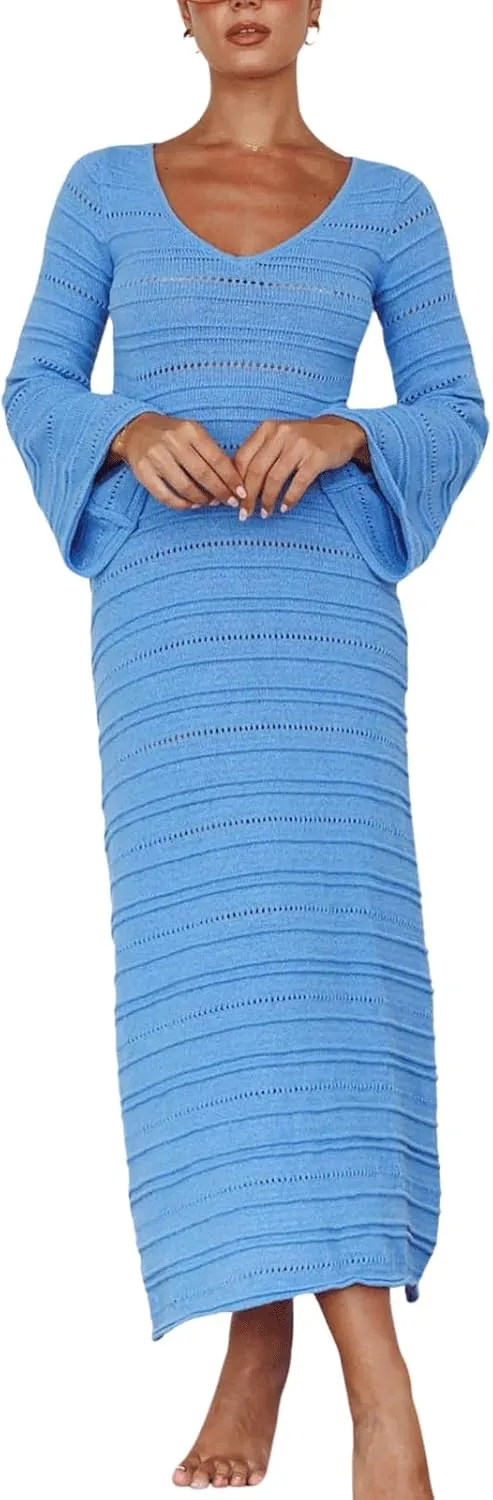 CHARTOU Women's Bodycon Dresses Knit Cut Out Sexy Long Sleeve Maxi Dress Ribbed Sweater Dress Fall 2024