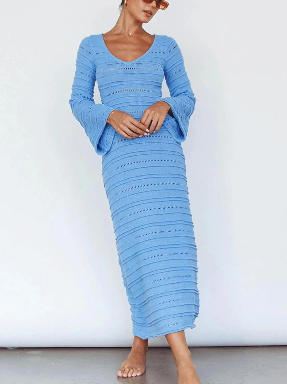 CHARTOU Women's Bodycon Dresses Knit Cut Out Sexy Long Sleeve Maxi Dress Ribbed Sweater Dress Fall 2024