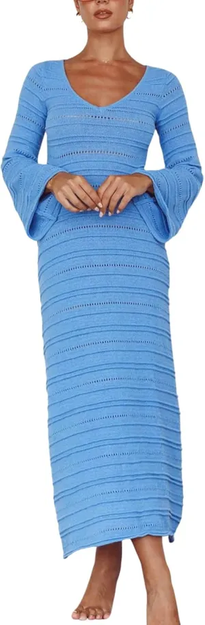 CHARTOU Women's Bodycon Dresses Knit Cut Out Sexy Long Sleeve Maxi Dress Ribbed Sweater Dress Fall 2024