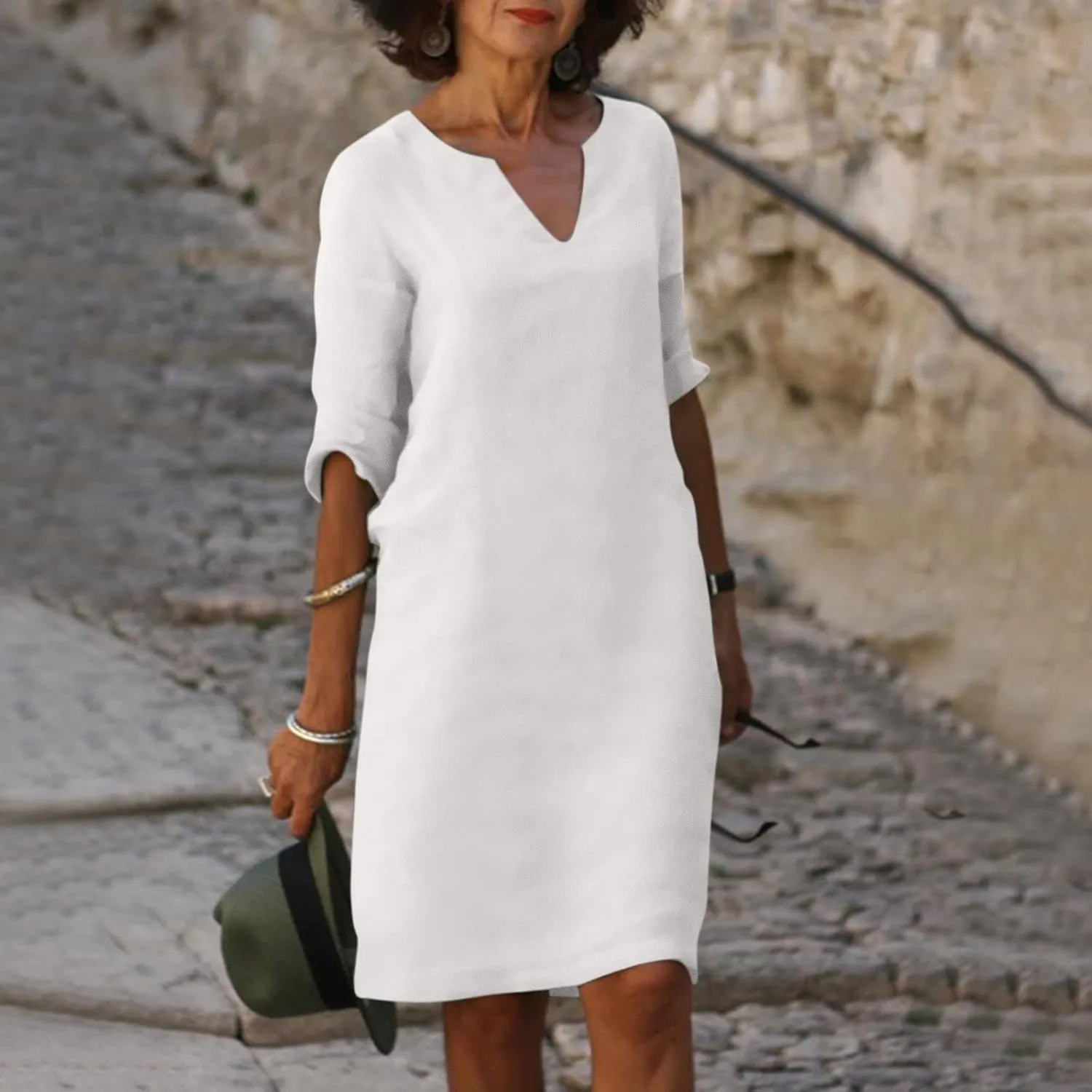 Cotton Linen Dresses for Women,2024 Summer Elegant Trendy V Neck 3/4 Sleeve Midi Dress,Casual Plain Beach Dress