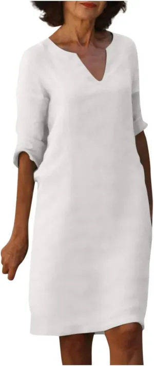 Cotton Linen Dresses for Women,2024 Summer Elegant Trendy V Neck 3/4 Sleeve Midi Dress,Casual Plain Beach Dress