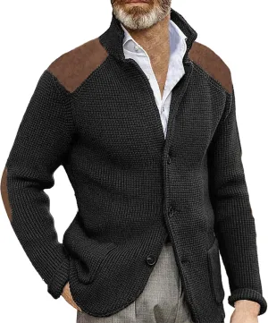 CRNTCEM Mens Button Down Sweaters Chunky Warm Ribbed Knitted Cardigan Sweater Stand Collar Elbow Patches Casual Suit Cardigan