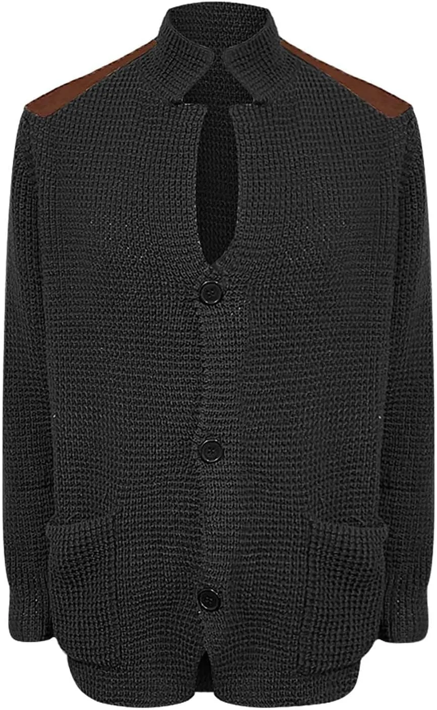 CRNTCEM Mens Button Down Sweaters Chunky Warm Ribbed Knitted Cardigan Sweater Stand Collar Elbow Patches Casual Suit Cardigan
