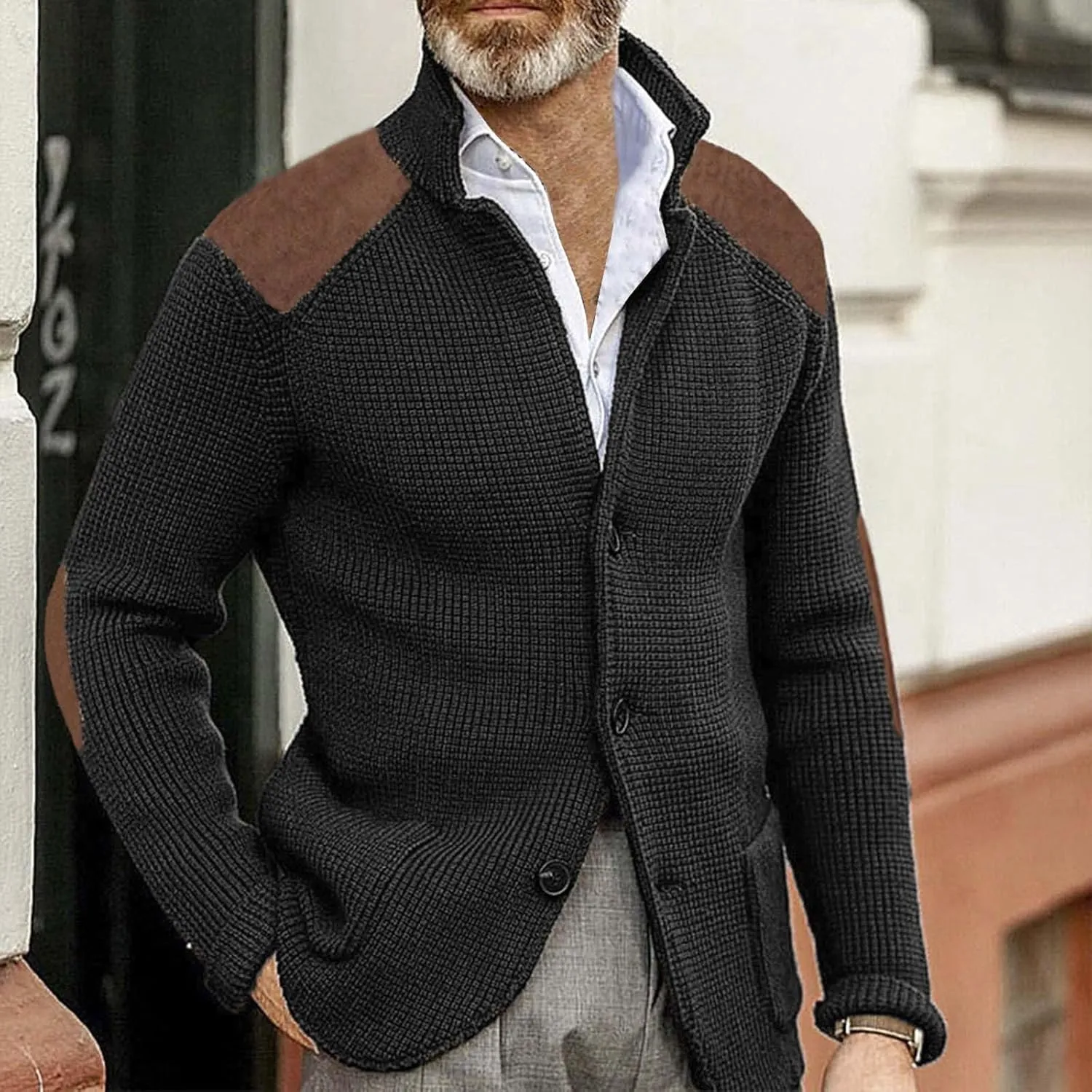 CRNTCEM Mens Button Down Sweaters Chunky Warm Ribbed Knitted Cardigan Sweater Stand Collar Elbow Patches Casual Suit Cardigan