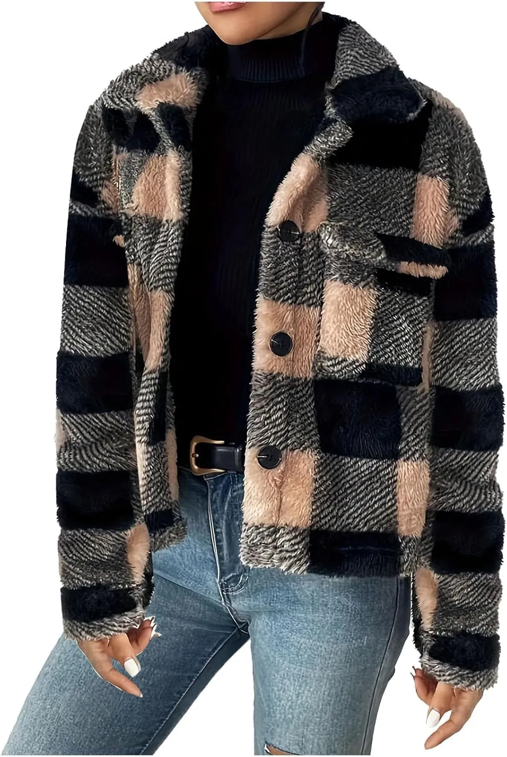 Cropped Sherpa Jacket for Women Warm Plaid Fuzzy Fleece Fall Clothes Fashion Lapel Button Down Long Sleeve Outerwear
