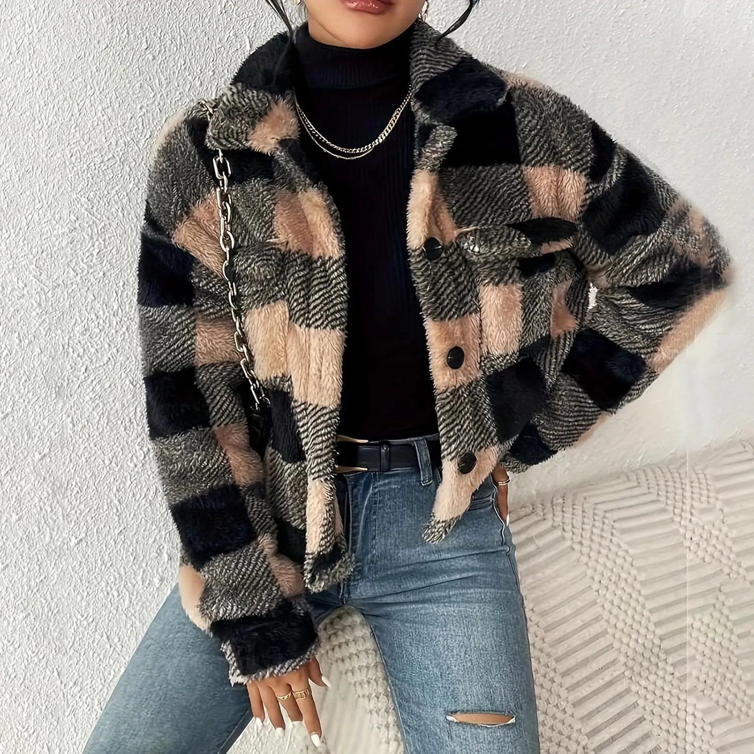 Cropped Sherpa Jacket for Women Warm Plaid Fuzzy Fleece Fall Clothes Fashion Lapel Button Down Long Sleeve Outerwear
