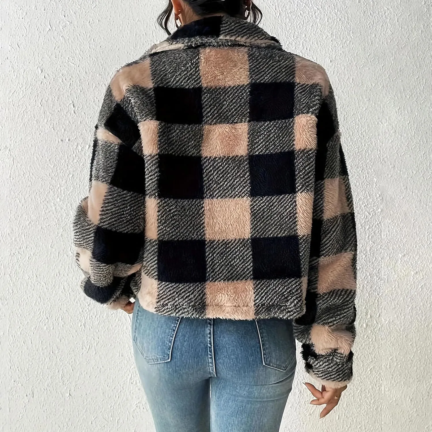 Cropped Sherpa Jacket for Women Warm Plaid Fuzzy Fleece Fall Clothes Fashion Lapel Button Down Long Sleeve Outerwear