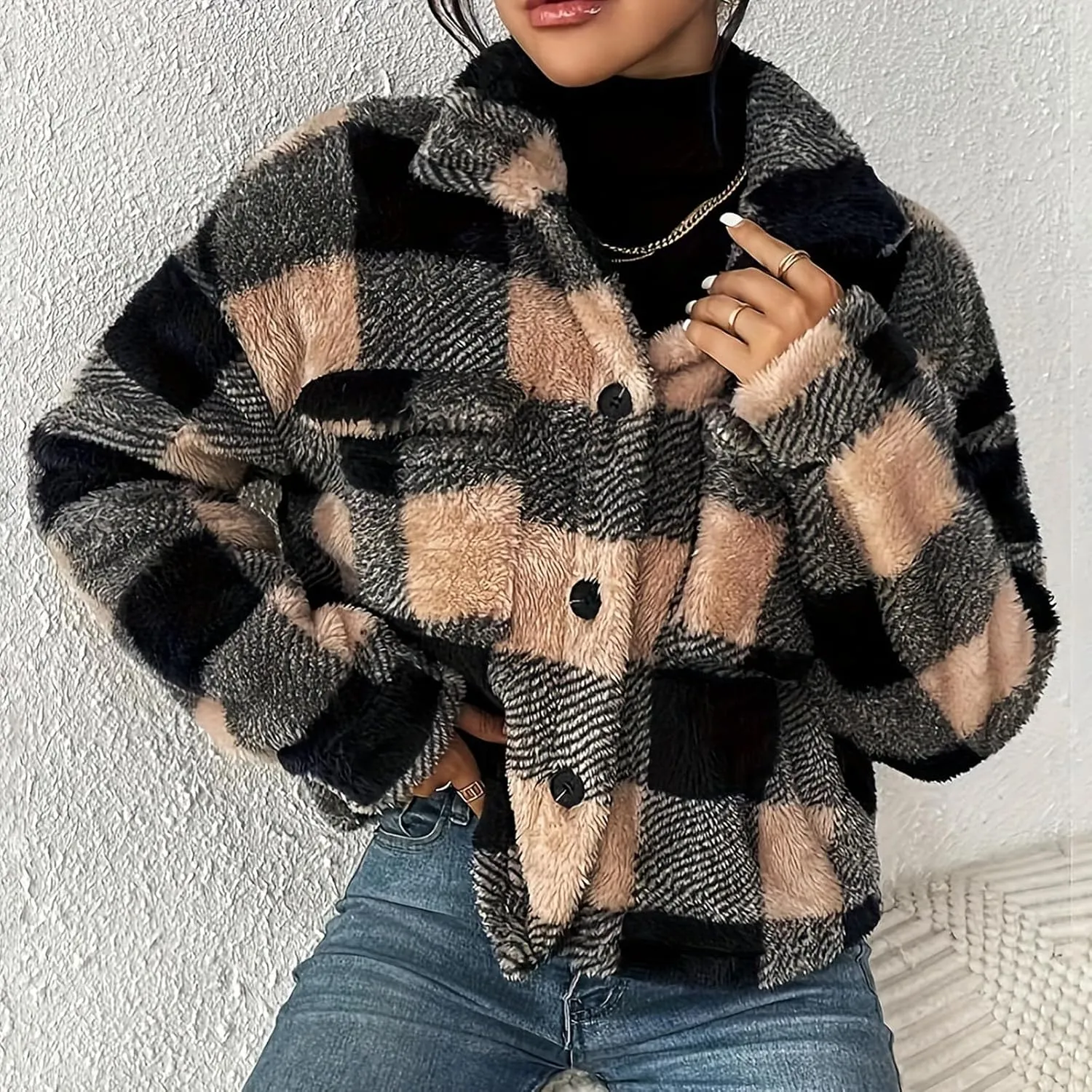 Cropped Sherpa Jacket for Women Warm Plaid Fuzzy Fleece Fall Clothes Fashion Lapel Button Down Long Sleeve Outerwear