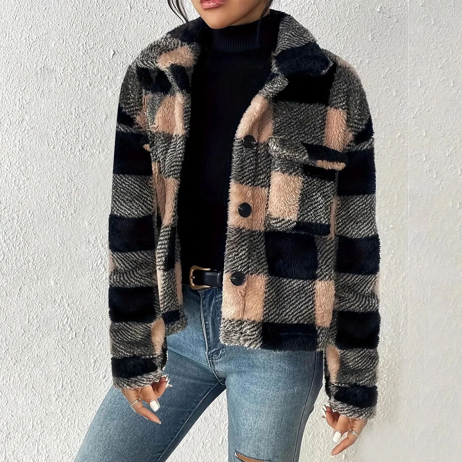 Cropped Sherpa Jacket for Women Warm Plaid Fuzzy Fleece Fall Clothes Fashion Lapel Button Down Long Sleeve Outerwear