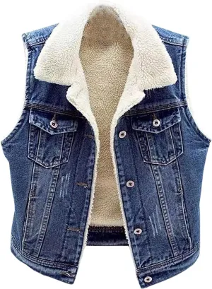 Denim Vest for Women Winter Warm Fuzzy Sherpa Fleece Lined Jean Jacket Sleeveless Cowboy Coat Waistcoat Streetwear