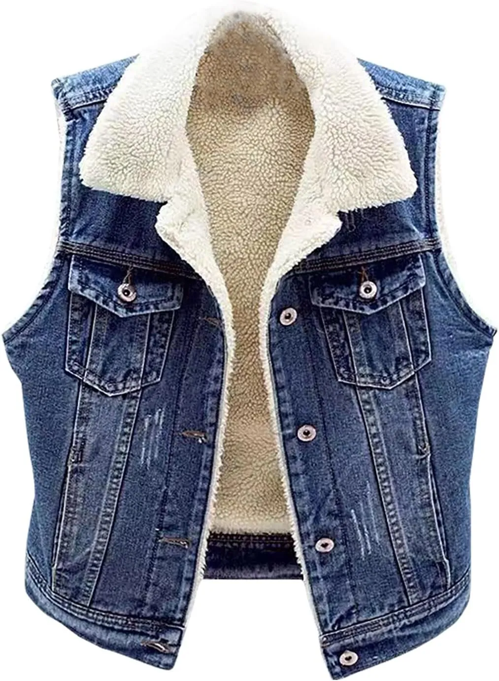 Denim Vest for Women Winter Warm Fuzzy Sherpa Fleece Lined Jean Jacket Sleeveless Cowboy Coat Waistcoat Streetwear