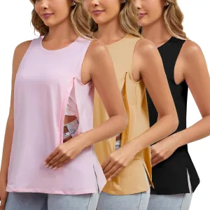Ecavus Women's 3-Pack Nursing Tank Tops Hidden Zippers Sleeveless Breastfeeding Shirts Loose Fit Maternity Tops