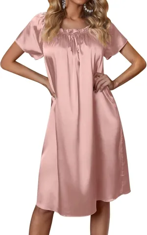 Ekouaer Women's Satin Silk Pleated Nightgown Loose Sleepwear Printed Nightshirt Short Sleeve Sleep Dress