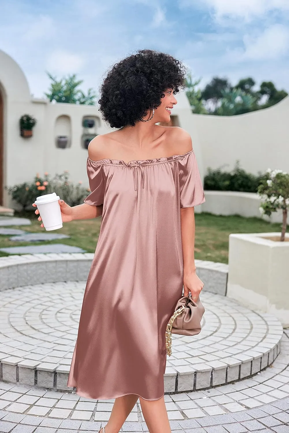 Ekouaer Women's Satin Silk Pleated Nightgown Loose Sleepwear Printed Nightshirt Short Sleeve Sleep Dress