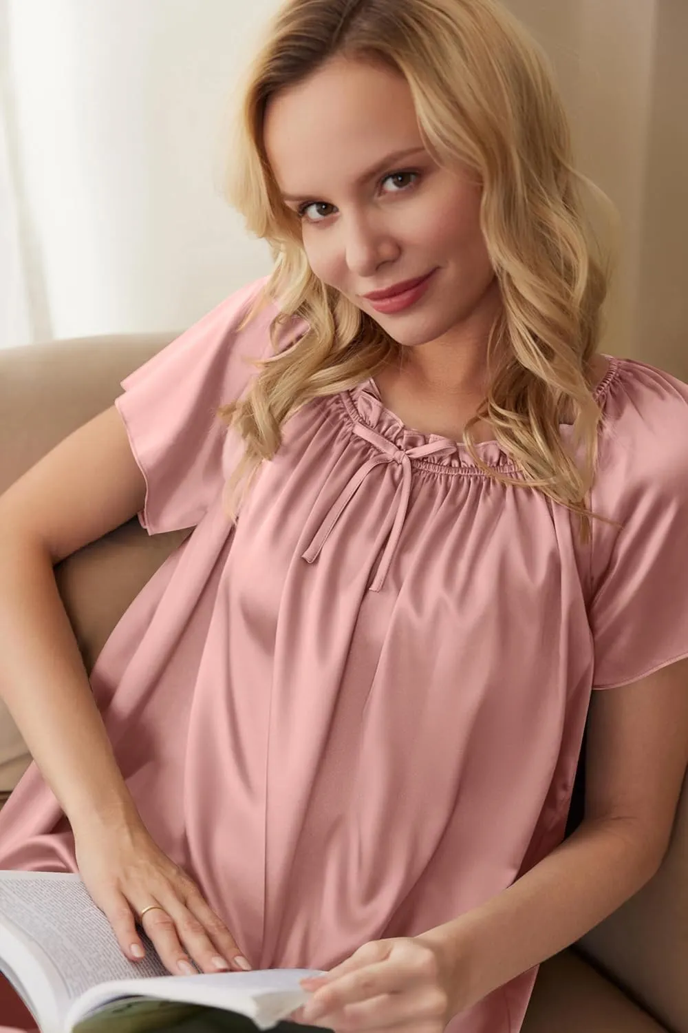Ekouaer Women's Satin Silk Pleated Nightgown Loose Sleepwear Printed Nightshirt Short Sleeve Sleep Dress