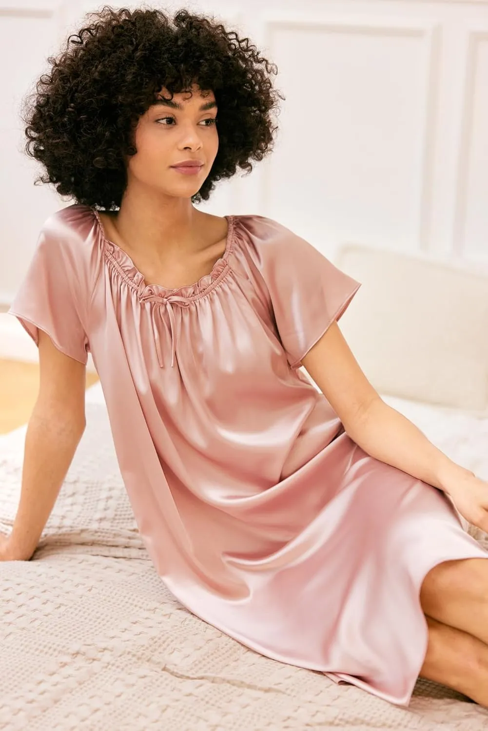 Ekouaer Women's Satin Silk Pleated Nightgown Loose Sleepwear Printed Nightshirt Short Sleeve Sleep Dress