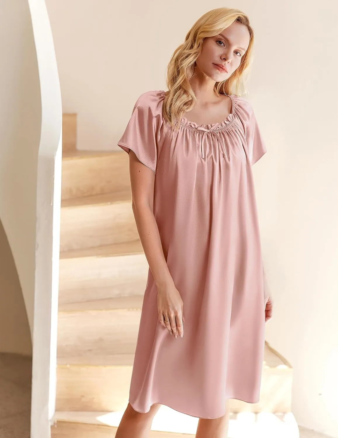 Ekouaer Women's Satin Silk Pleated Nightgown Loose Sleepwear Printed Nightshirt Short Sleeve Sleep Dress