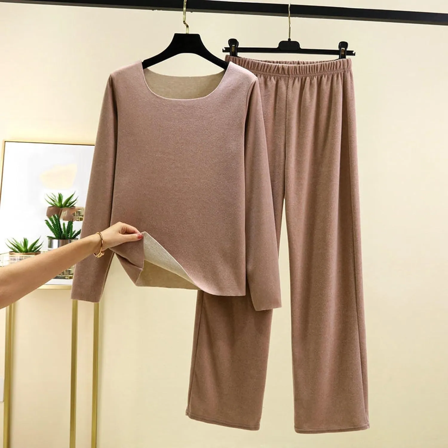 Fleece Lounge Sets for Women 2 Piece Casual Pajamas Sets Long Sleeve Pullover Tops Wide Leg Pants Thermal Loungewear