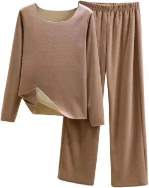 Fleece Lounge Sets for Women 2 Piece Casual Pajamas Sets Long Sleeve Pullover Tops Wide Leg Pants Thermal Loungewear